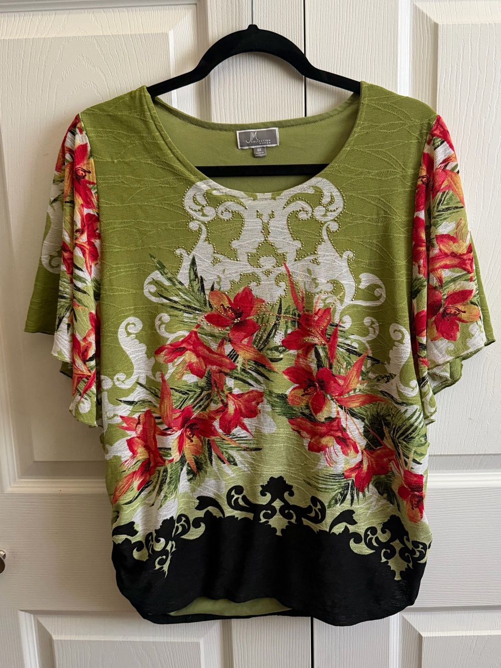 5 for $25! JM Collection Green Floral Print Short Sleeve Top